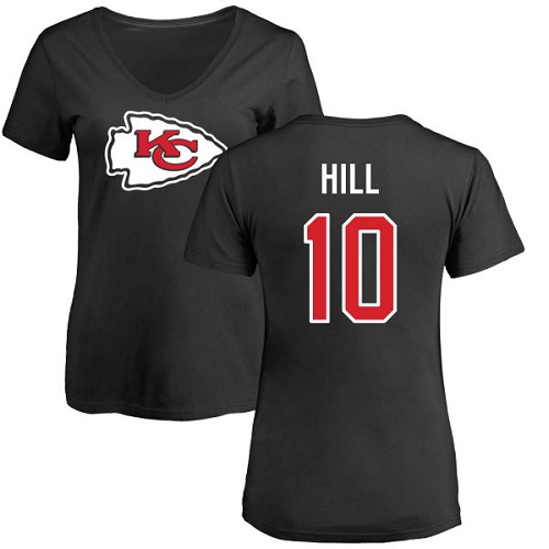 Women Football Kansas City Chiefs #10 Hill Tyreek Black Name and Number Logo Slim Fit T-Shirt